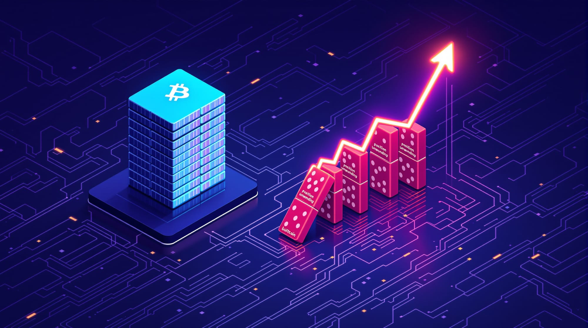 Isometric flat vector illustration showing a Bitcoin blockchain ledger on the left with stacked blocks in electric blue (#5B5