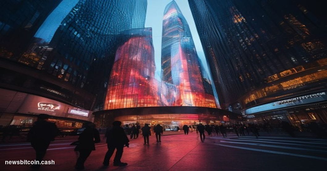 A cinematic photorealistic editorial photograph showing a dramatic view of the NASDAQ building in Times Square, New York City