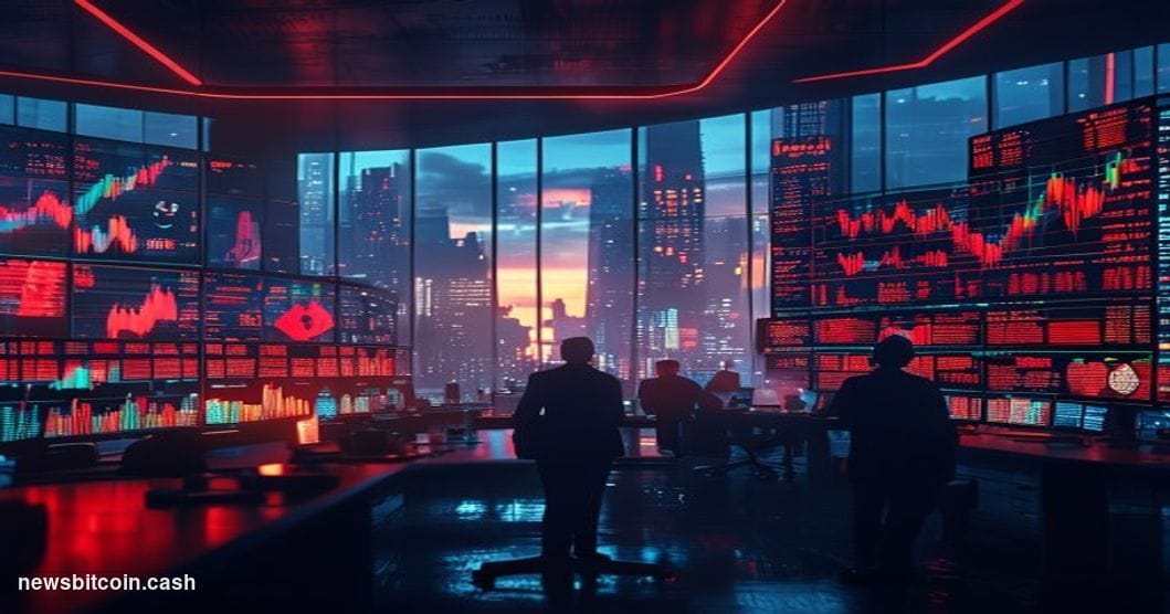 A cinematic photorealistic editorial photograph showing a modern cryptocurrency trading floor or financial district office wi