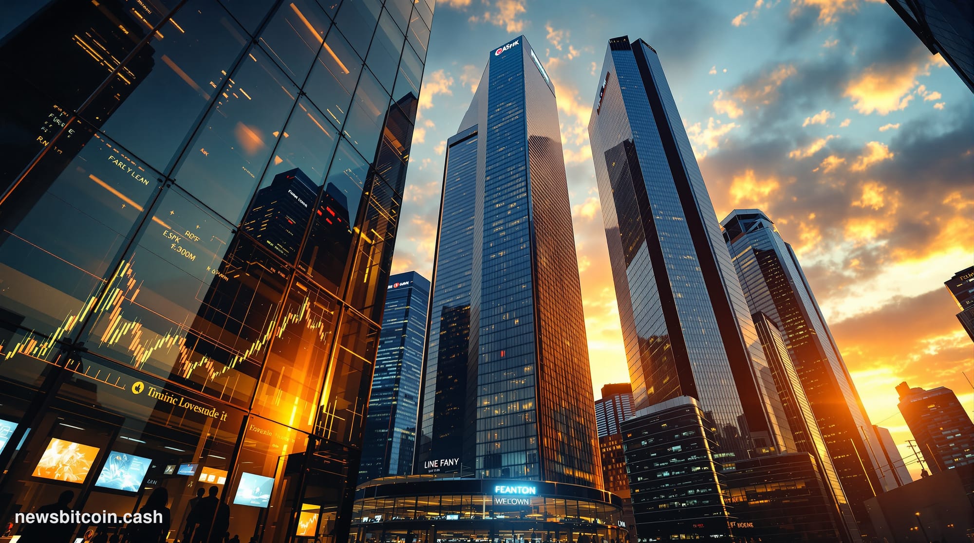 A cinematic photorealistic editorial photograph showing a dramatic low-angle view of towering glass and steel financial skysc