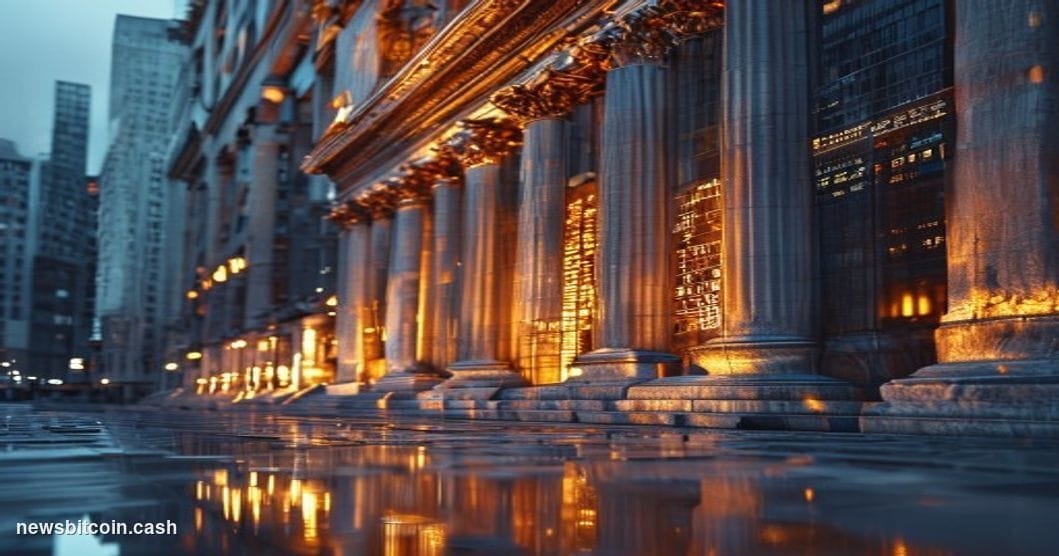 A cinematic photorealistic editorial photograph of the New York Stock Exchange building facade at dusk, with dramatic golden 