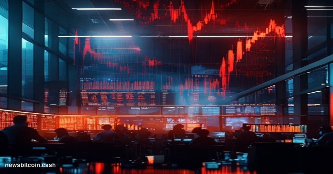 A cinematic photorealistic editorial photograph showing a dramatic financial trading floor scene with multiple large screens 
