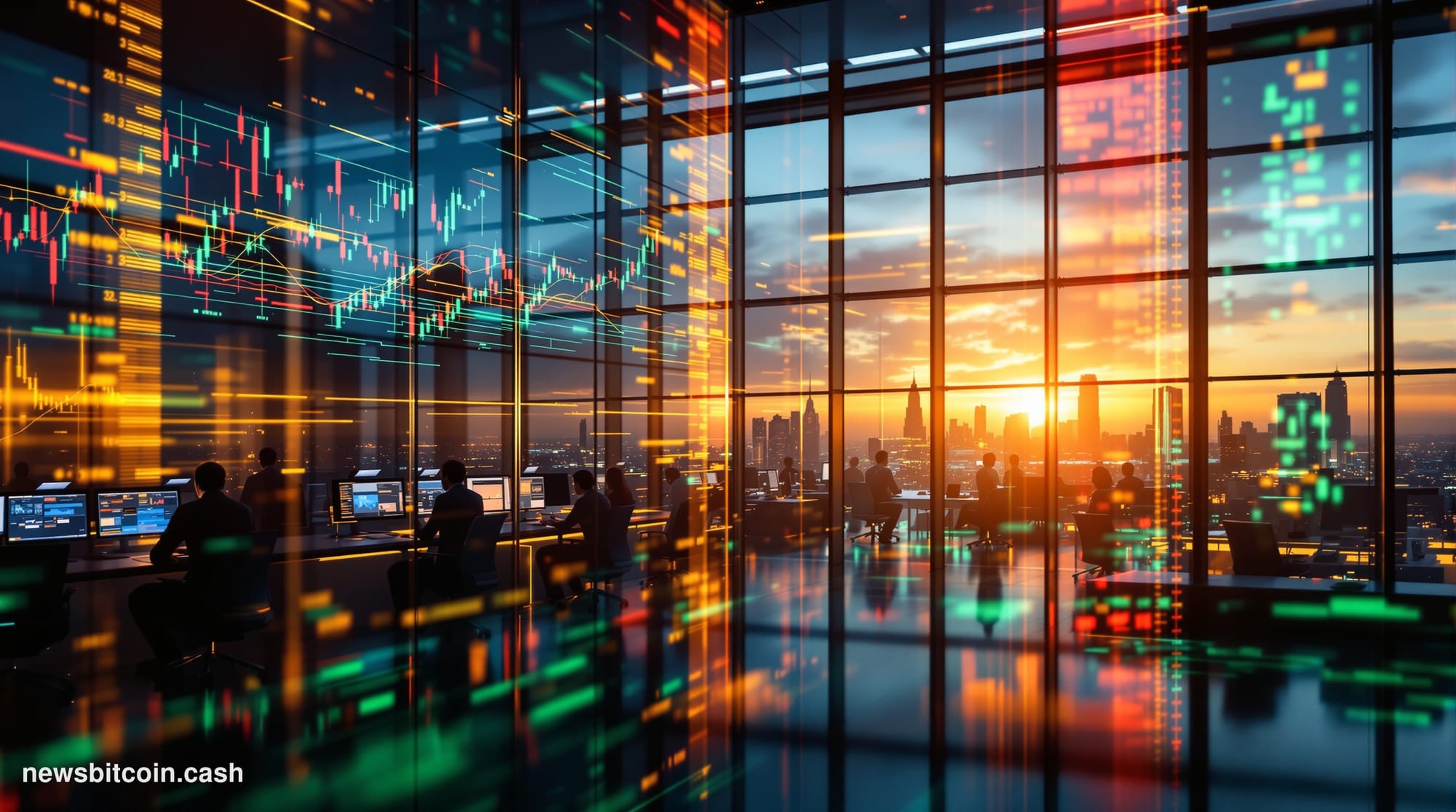 A cinematic photorealistic editorial photograph showing a dramatic view of a financial trading floor or modern cryptocurrency