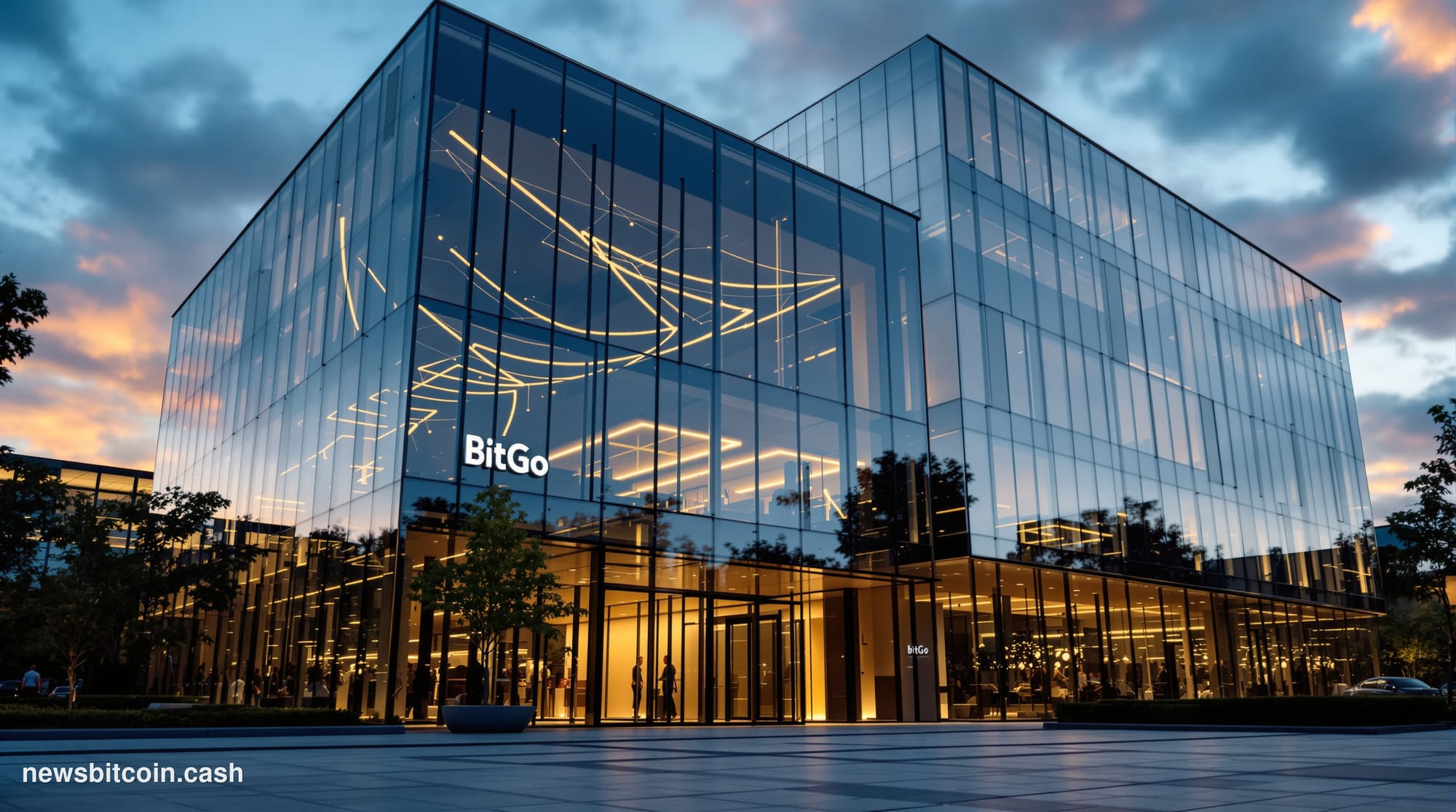 A cinematic photorealistic editorial photograph showcasing BitGo's corporate headquarters in Palo Alto, California, with the 