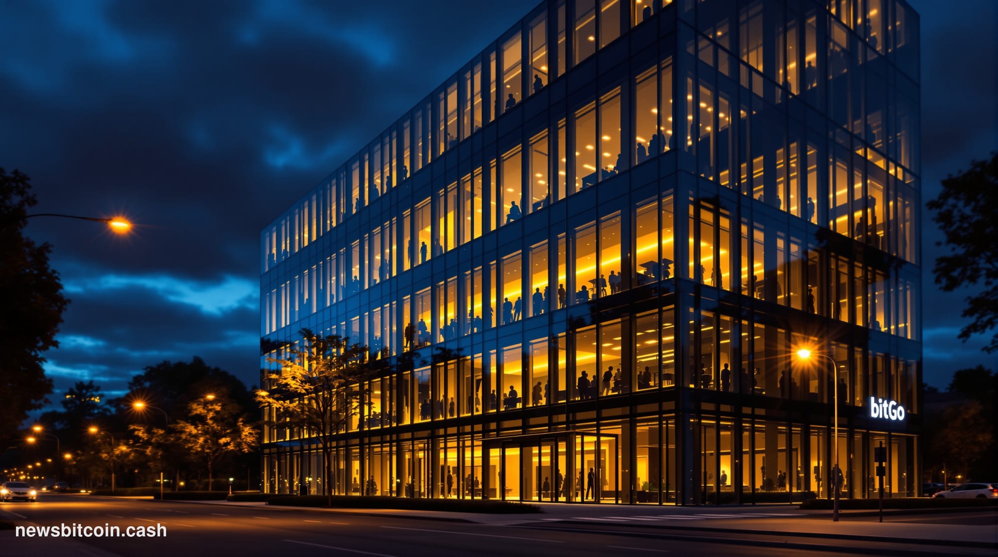 A cinematic photorealistic editorial photograph of BitGo's Palo Alto headquarters exterior at dusk, with the company's sleek 