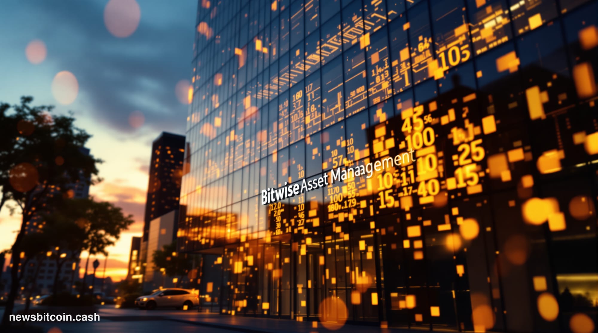A cinematic photorealistic editorial photograph of Bitwise Asset Management's San Francisco headquarters at golden hour, shot