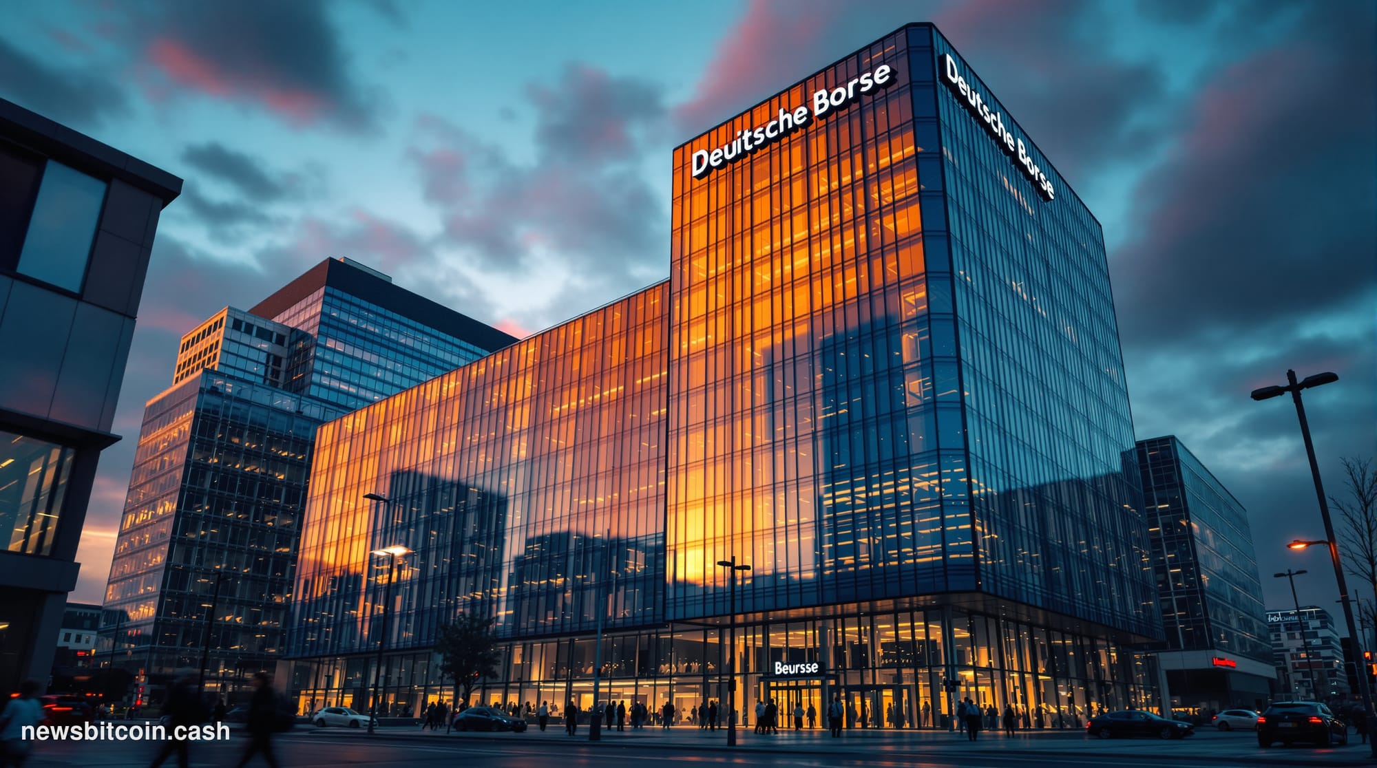 A cinematic photorealistic editorial photograph of the Deutsche Börse headquarters in Frankfurt, Germany, captured during gol