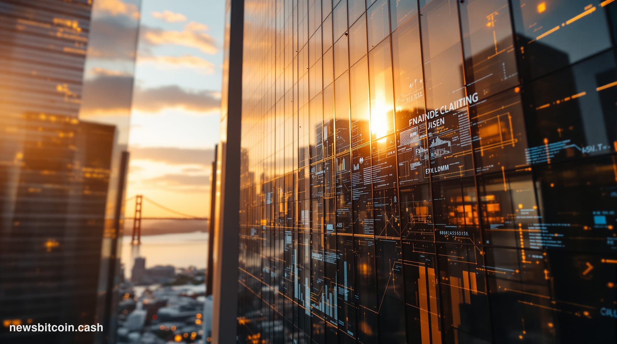 A cinematic photorealistic editorial photograph of Bitwise Asset Management's corporate headquarters in San Francisco, shot d