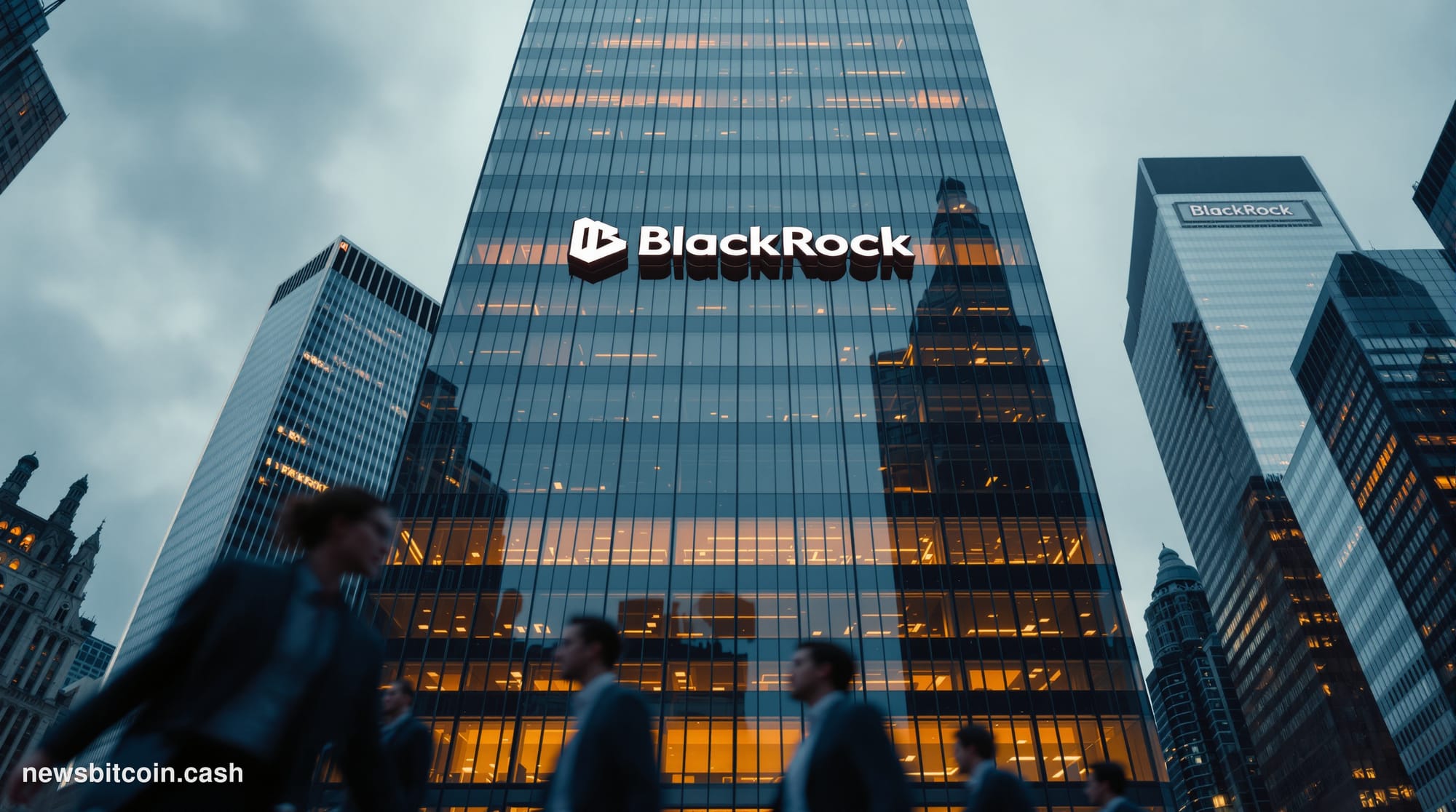A cinematic photorealistic editorial photograph of BlackRock's corporate headquarters in Manhattan, New York City, shot from 