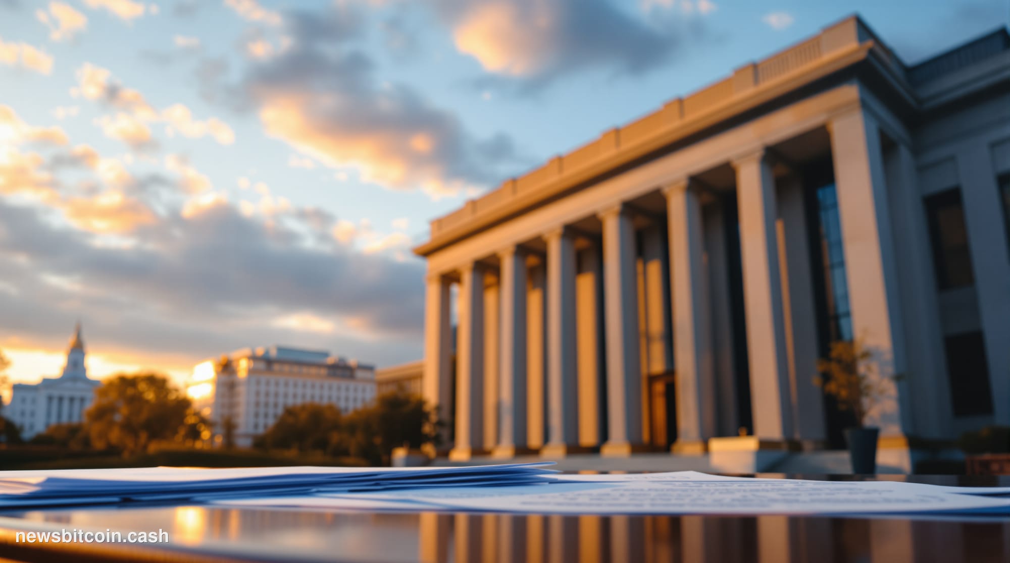 A cinematic photorealistic editorial photograph of the Securities and Exchange Commission headquarters building in Washington