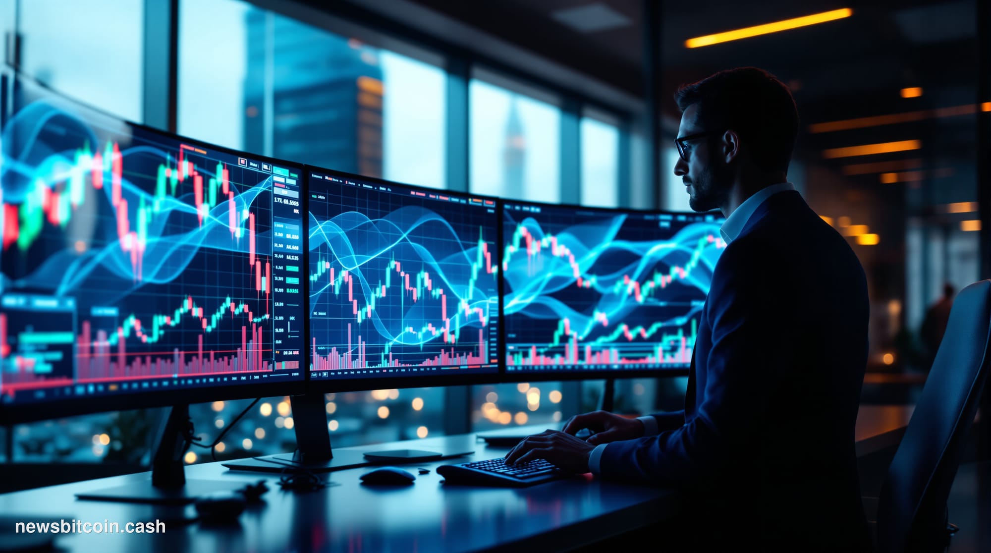 A cinematic photorealistic editorial photograph showing a sophisticated trading setup in a modern financial office environmen