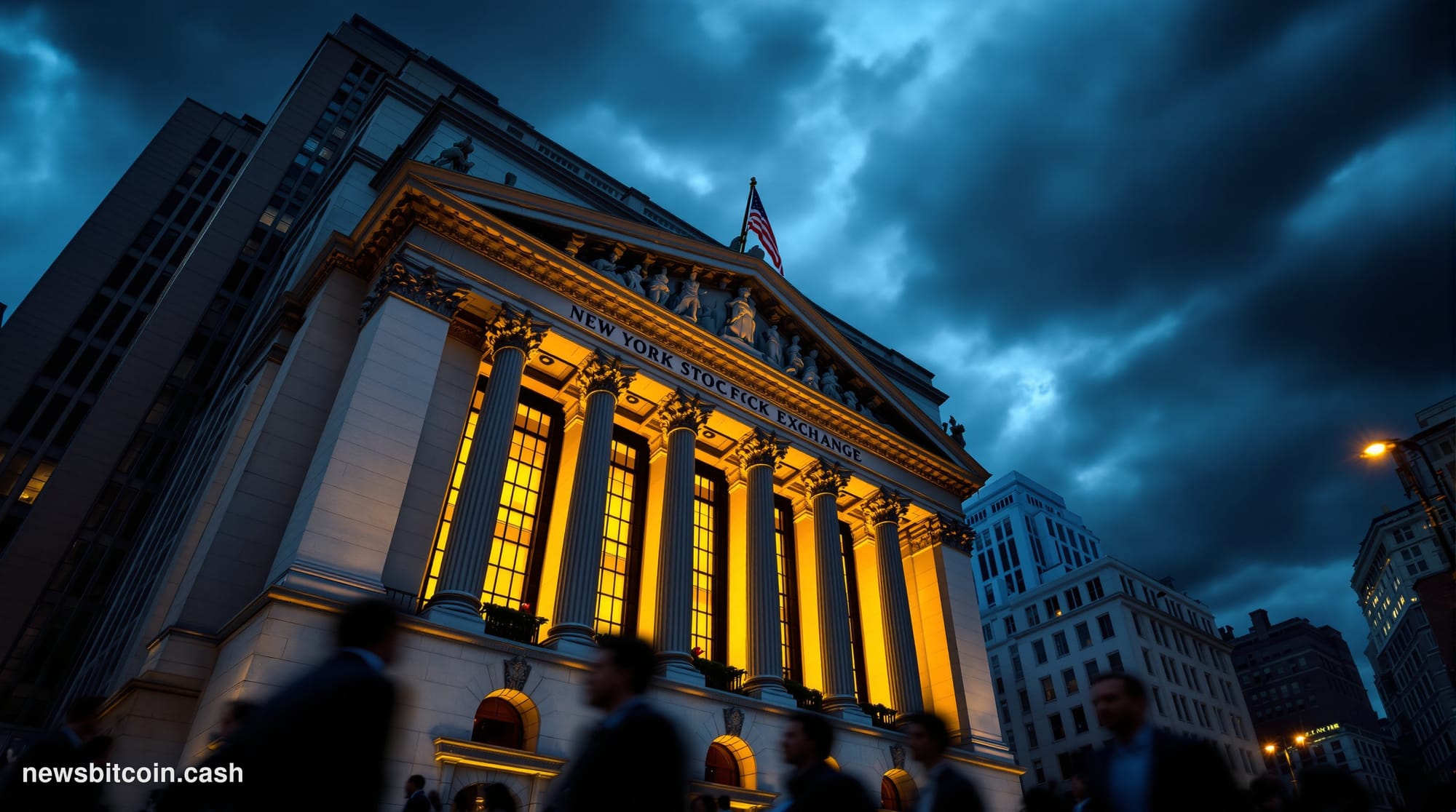 A cinematic photorealistic editorial photograph of the New York Stock Exchange building exterior at dusk, with dramatic storm