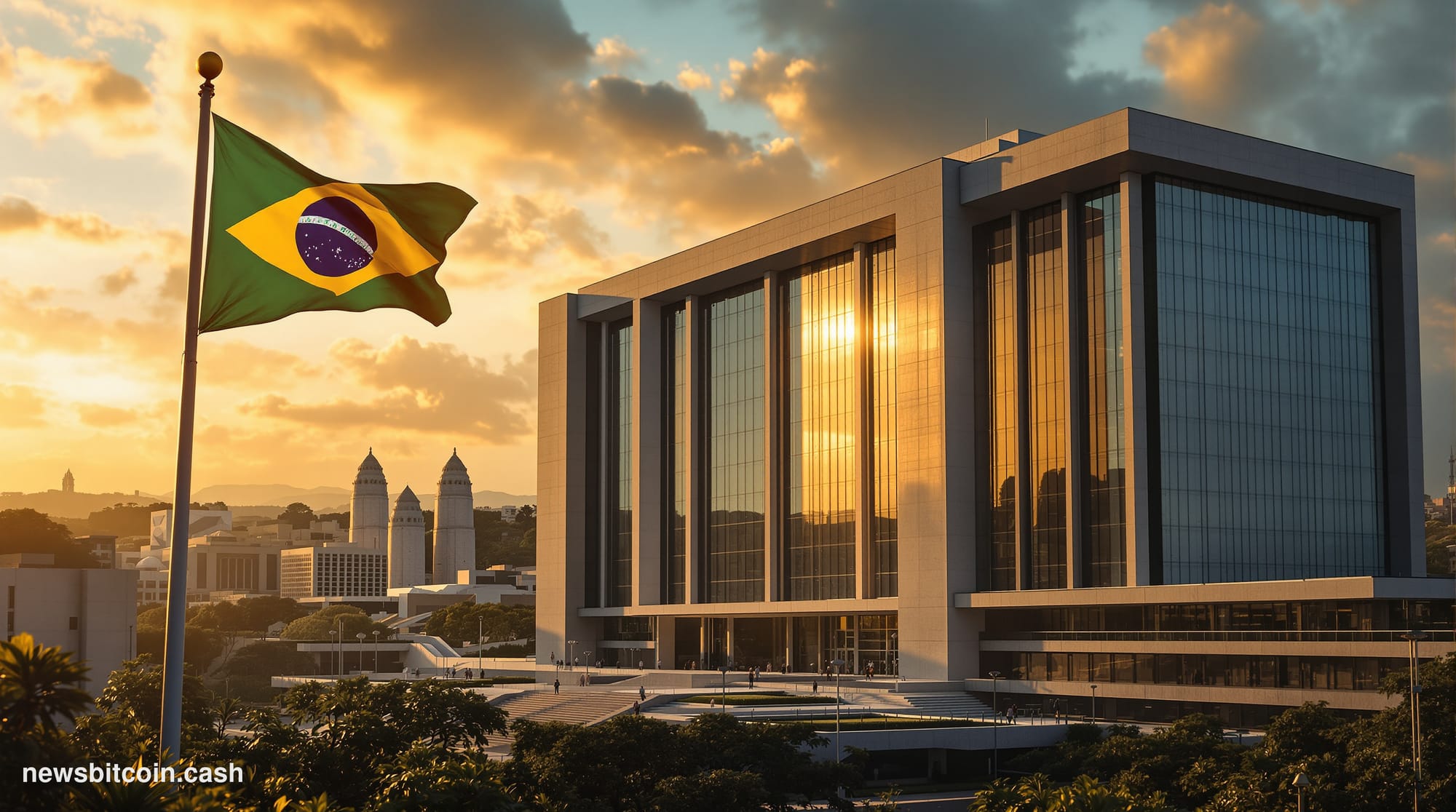 A cinematic photorealistic editorial photograph capturing Brazilian Federal Police headquarters in Brasília with the distinct