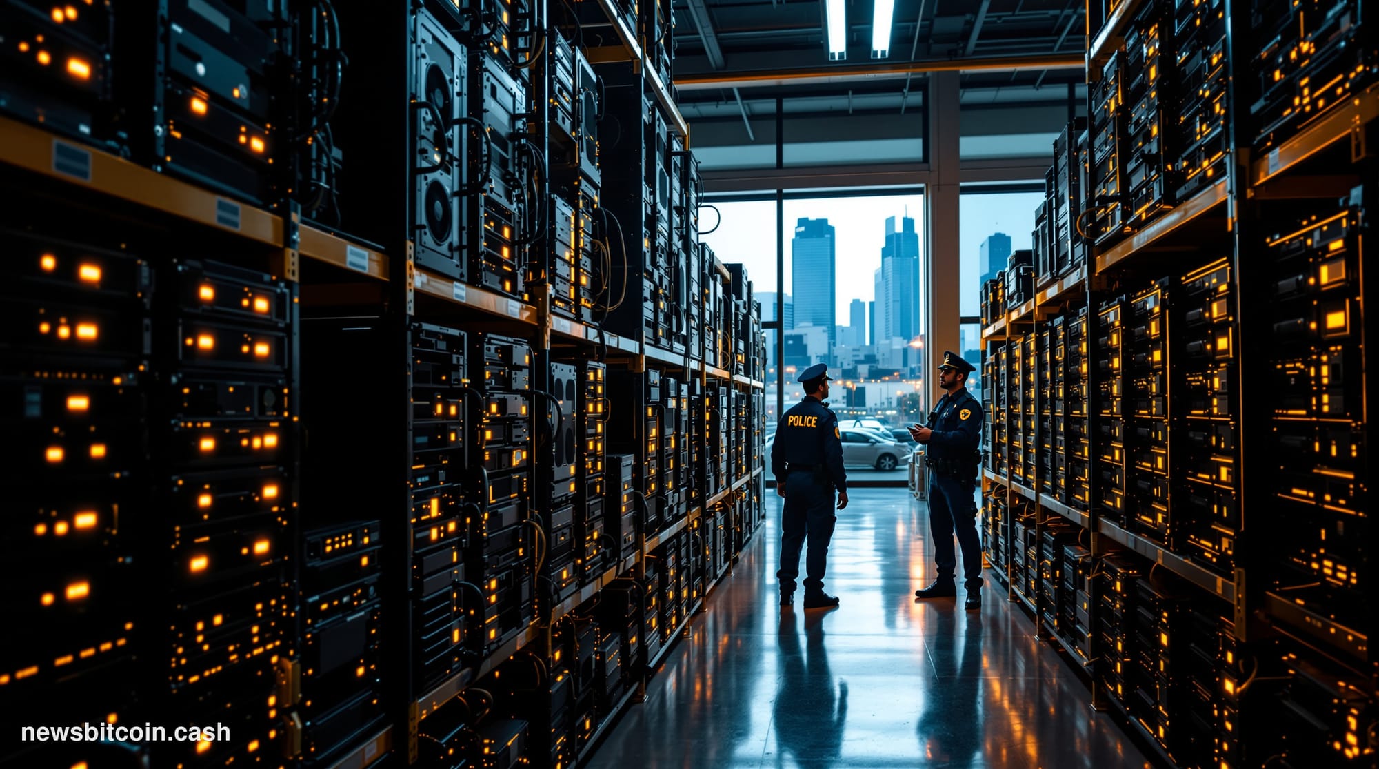 A dramatic photorealistic editorial photograph showing rows of confiscated Bitcoin mining rigs in a Brazilian police warehous