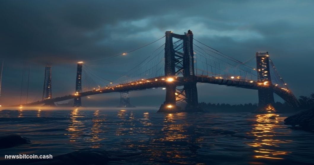 A cinematic photorealistic editorial photograph showing a dramatic view of multiple illuminated suspension bridges crossing d