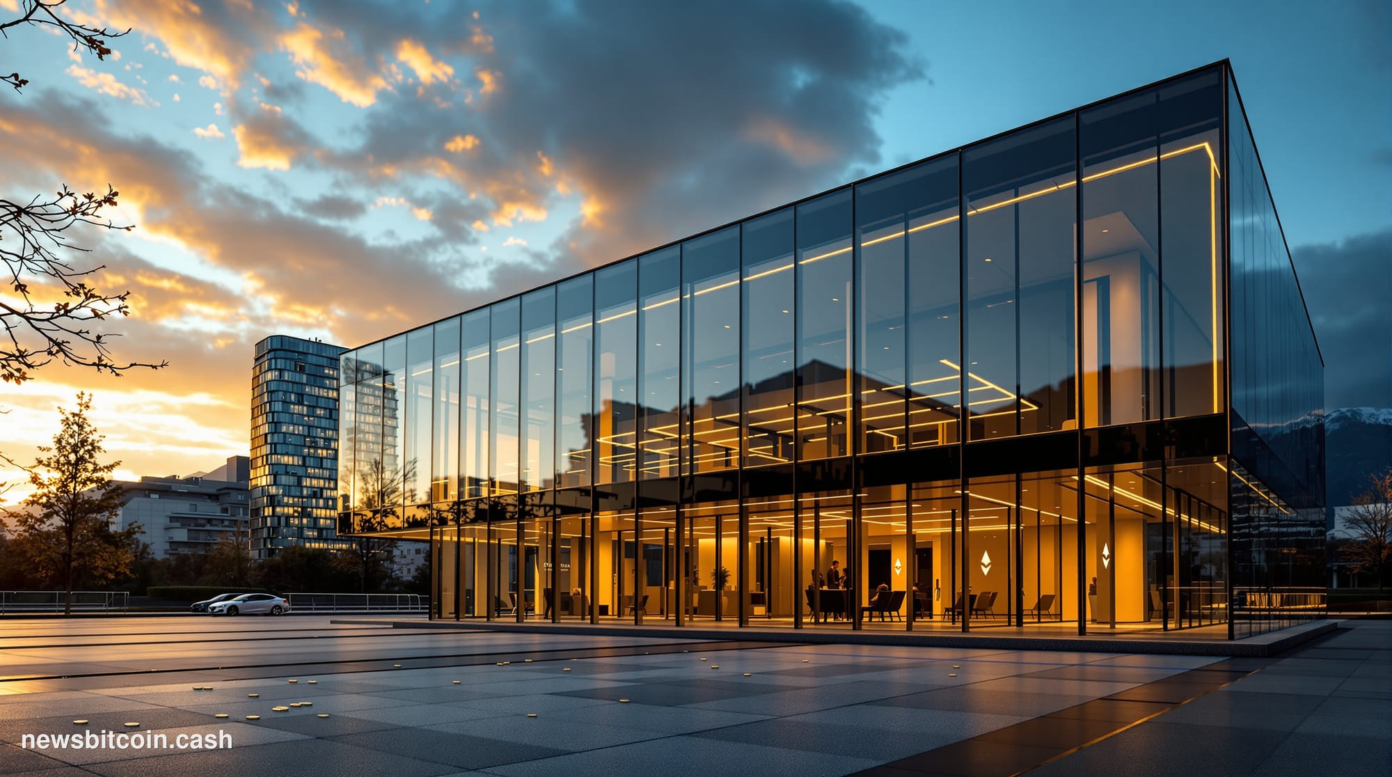 Cinematic photorealistic editorial photograph of the Ethereum Foundation's Zug, Switzerland office building exterior during g