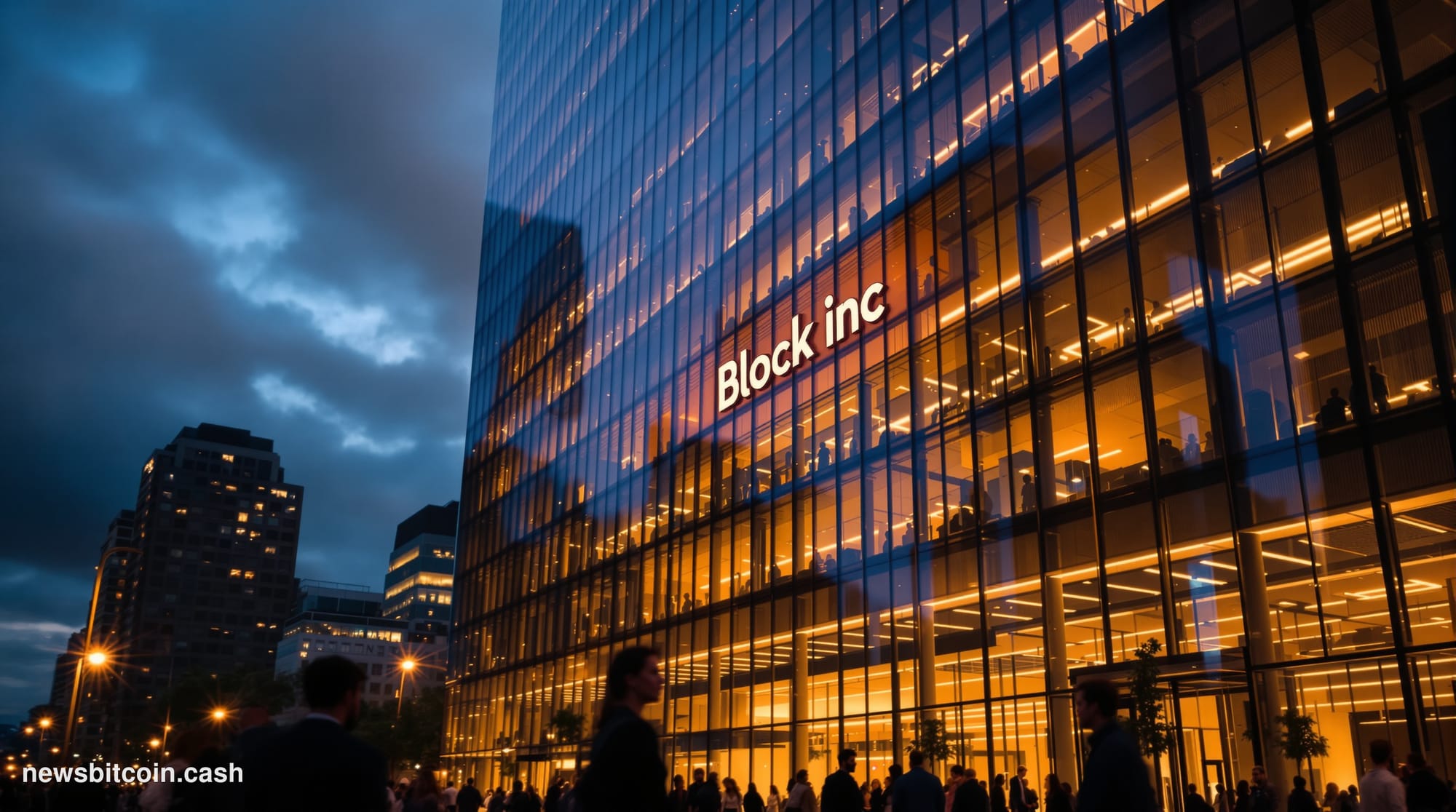 A cinematic photorealistic editorial photograph showing Block Inc's San Francisco headquarters building at dusk, with the mod