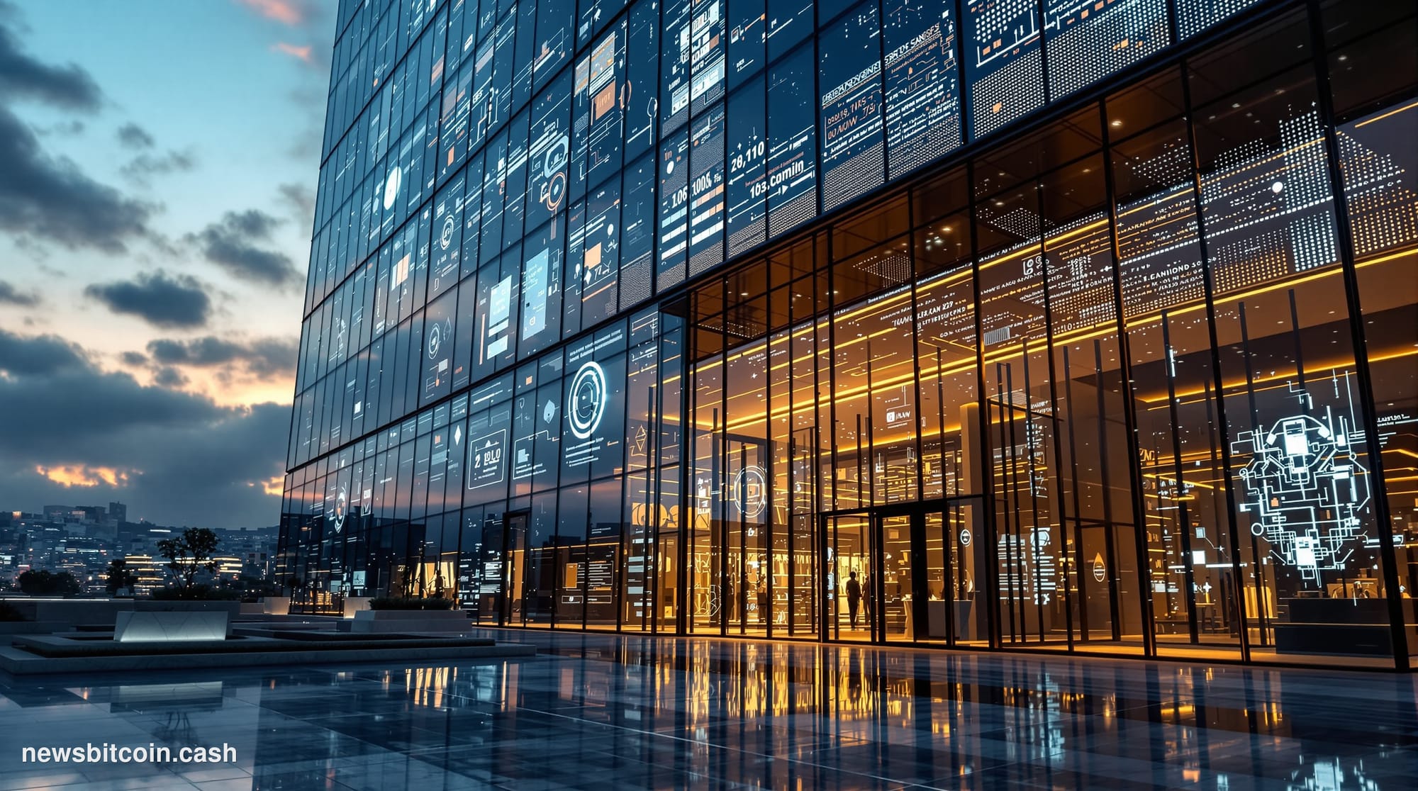 A cinematic photorealistic editorial photograph showcasing the convergence of artificial intelligence and traditional banking