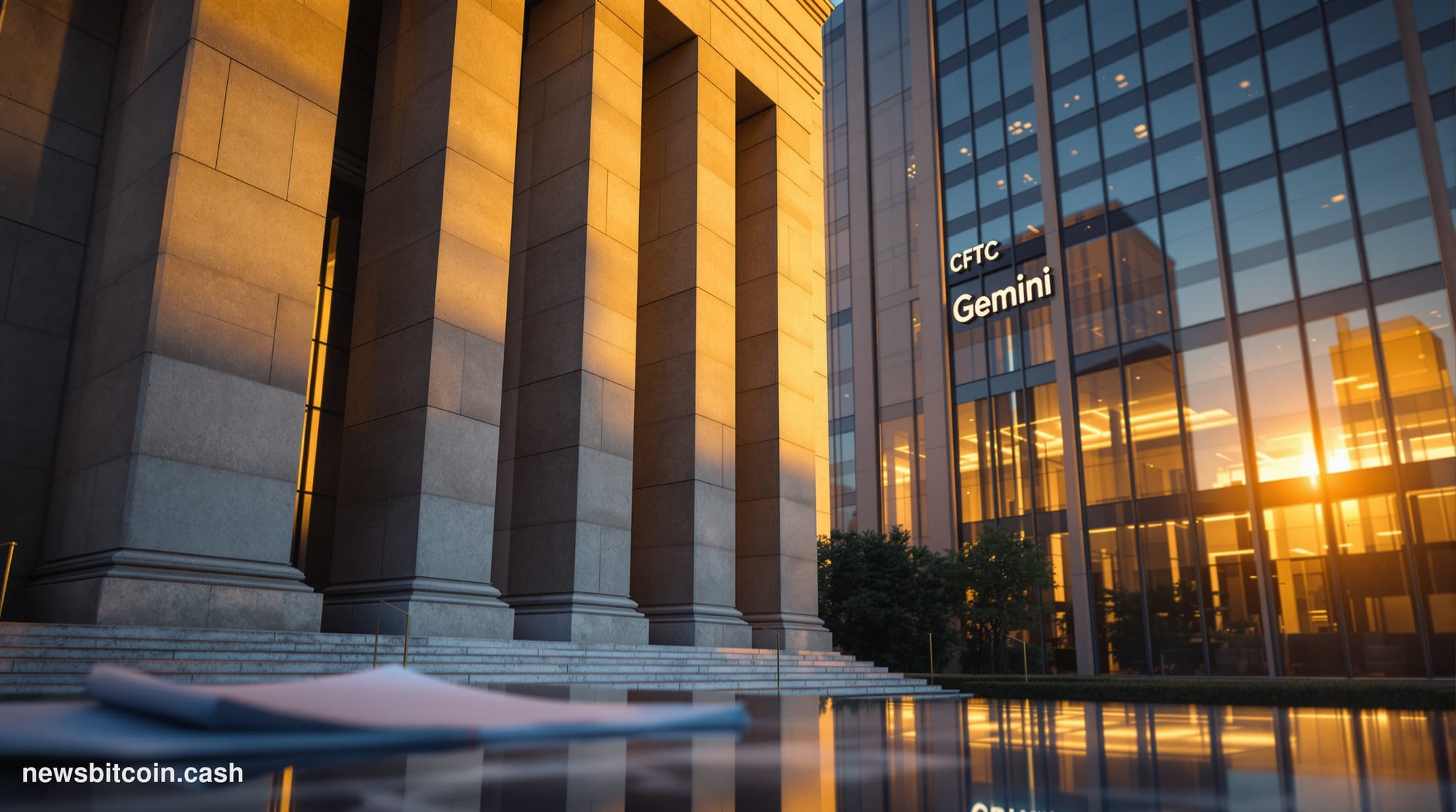 A cinematic photorealistic editorial photograph showing the CFTC headquarters building in Washington DC alongside the modern 