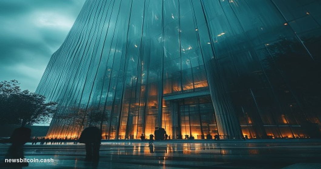 A cinematic photorealistic editorial photograph showing the imposing glass and steel facade of the CFTC headquarters building