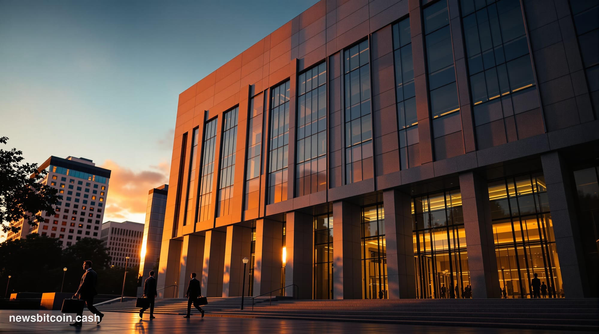 A cinematic photorealistic editorial photograph of the CFTC headquarters building in Washington DC, shot during golden hour w