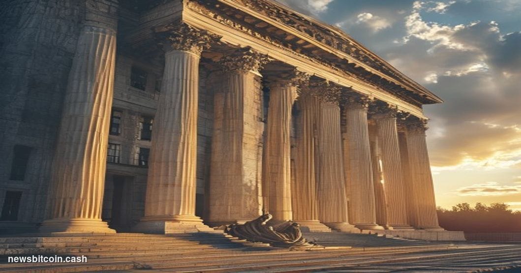 A cinematic photorealistic editorial photograph showing the imposing neo-classical facade of the CFTC headquarters building i