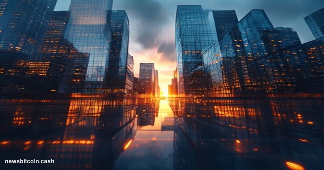 A cinematic photorealistic editorial photograph of Beijing's Financial Street district at dusk, with the iconic China Banking
