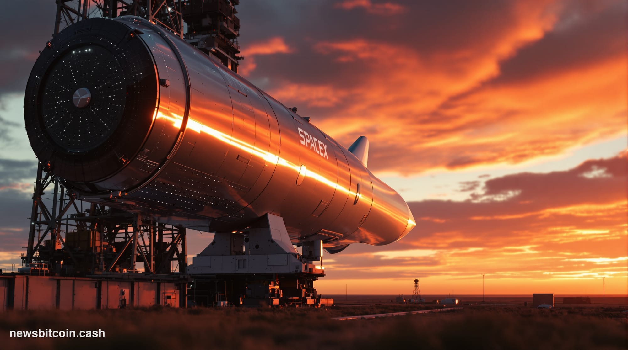 Cinematic photorealistic editorial photograph of the SpaceX Starbase facility in Boca Chica, Texas, with a massive Starship r