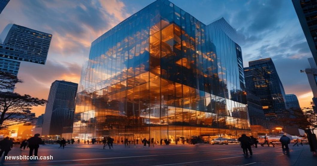 A cinematic photorealistic editorial photograph showing Circle's headquarters building in Boston's Financial District, captur