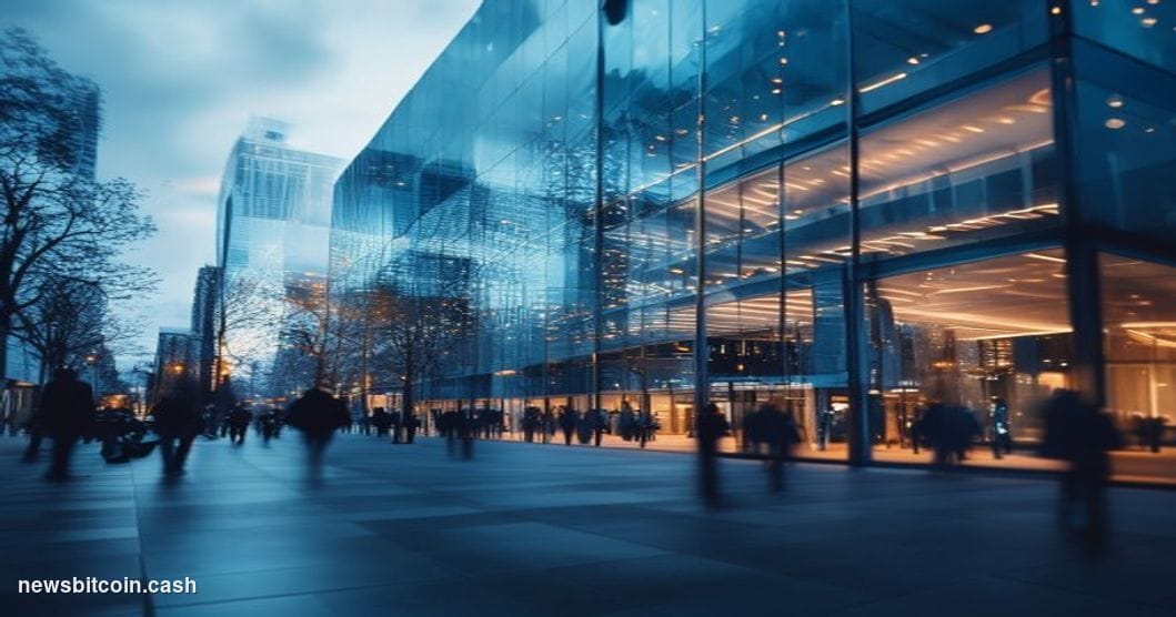 Cinematic photorealistic editorial photograph of Circle's Boston headquarters at 99 High Street, captured from a low angle sh
