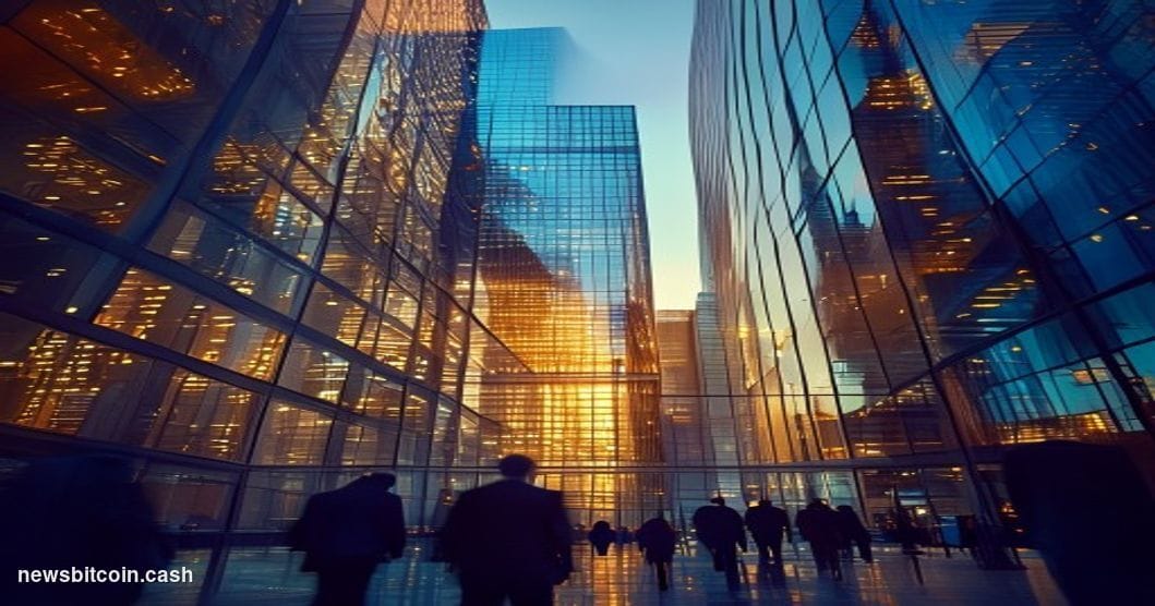 Cinematic photorealistic editorial photograph showing the imposing glass facades of major financial district buildings repres