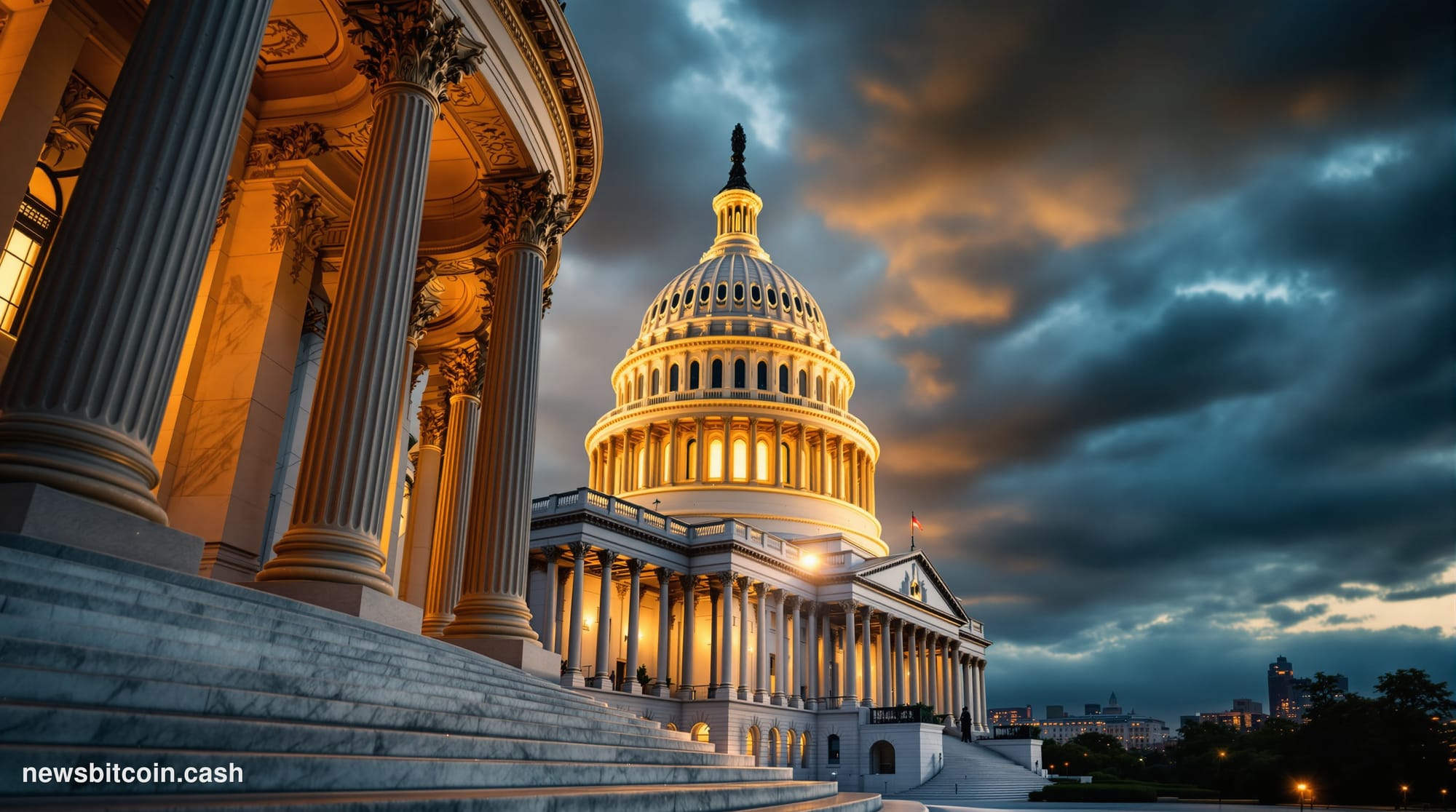 Cinematic photorealistic editorial photograph of the United States Capitol Building's iconic dome and classical columns bathe