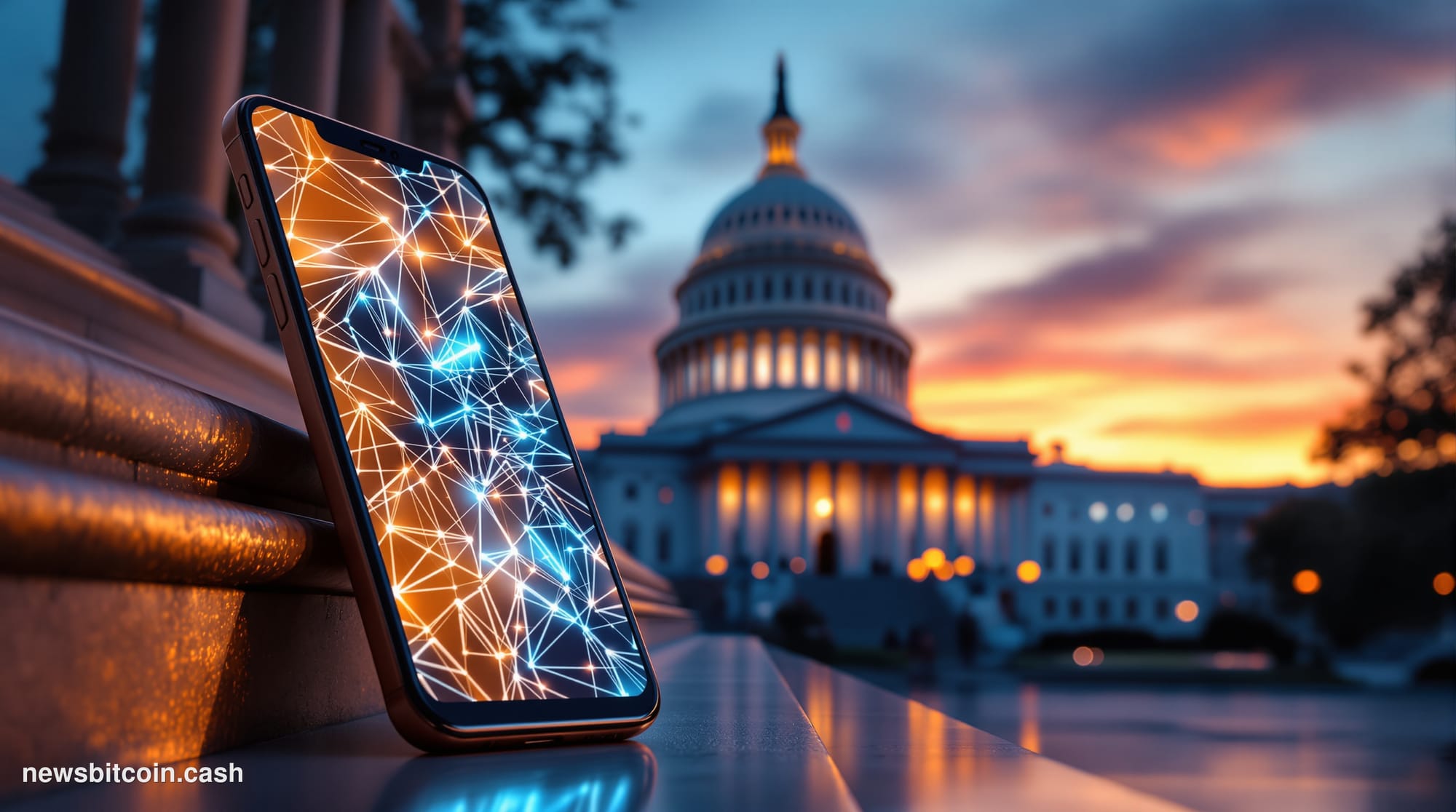 A cinematic photorealistic editorial photograph showing the iconic dome of the U.S. Capitol building in Washington D.C. durin