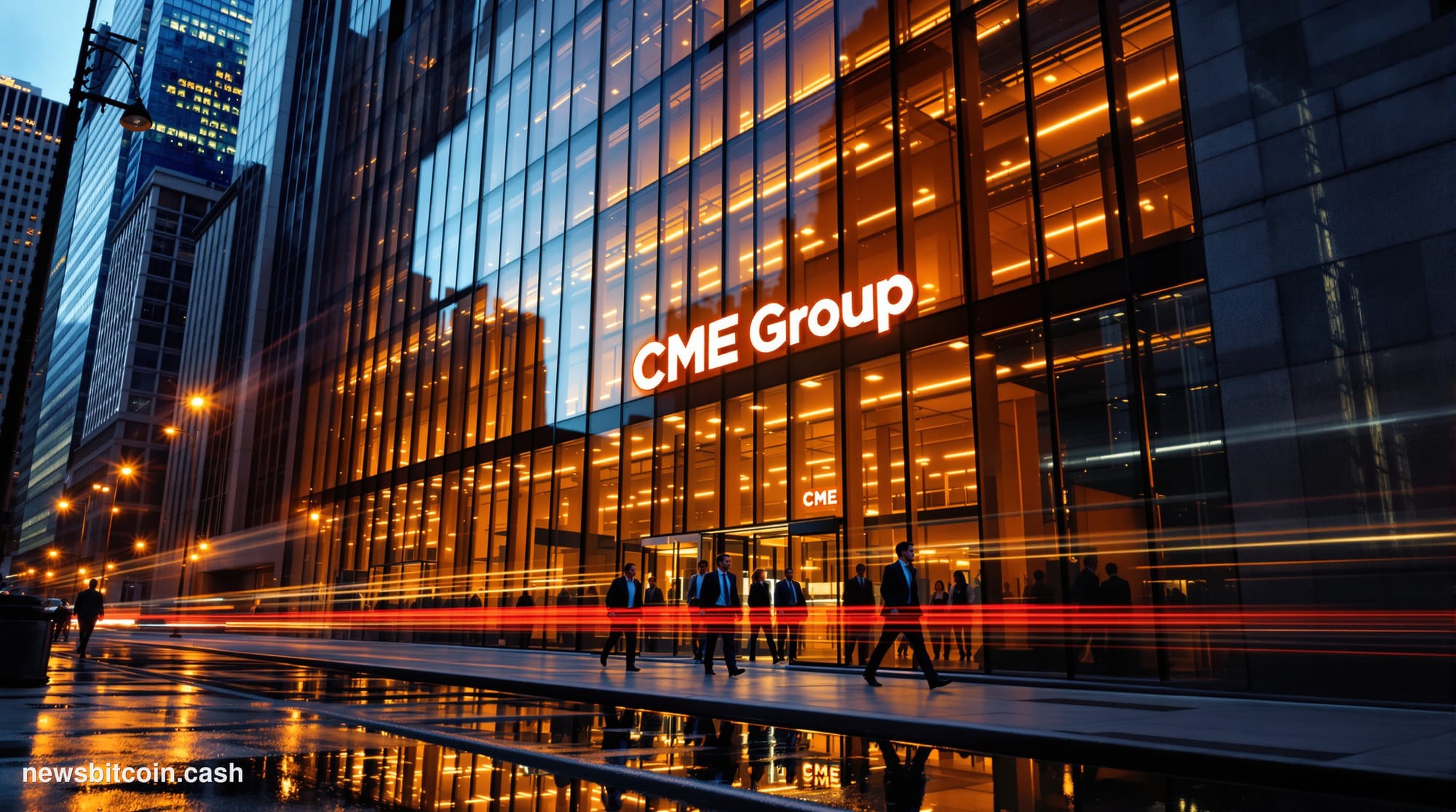 A cinematic photorealistic editorial photograph of the Chicago Mercantile Exchange building exterior during golden hour, with