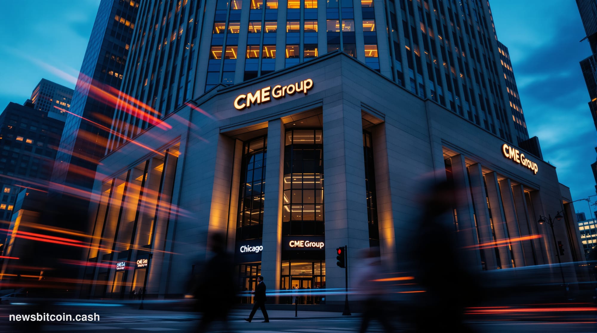 Cinematic photorealistic editorial photograph of the Chicago Mercantile Exchange (CME) building exterior at dusk, shot with a