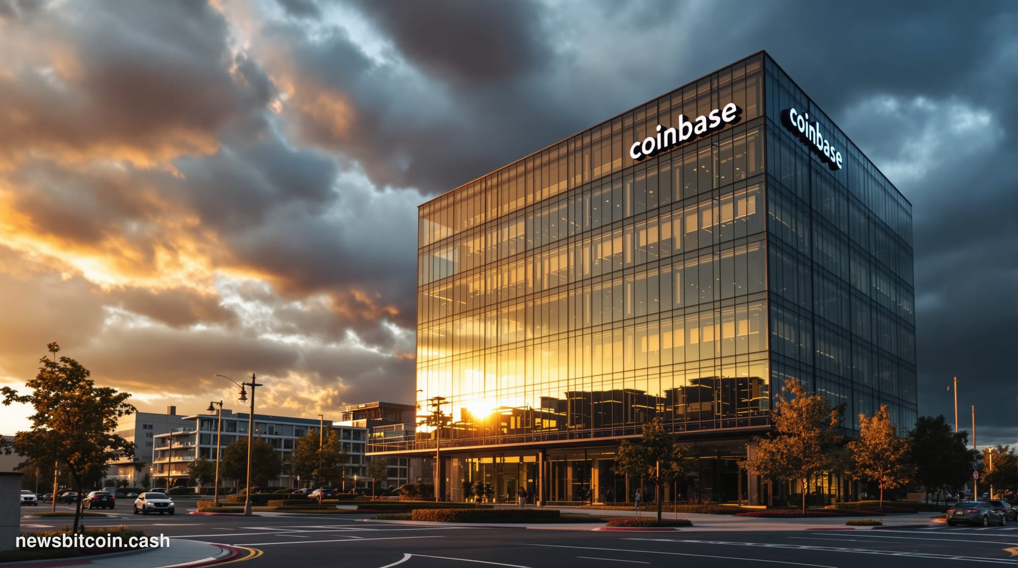 A cinematic photorealistic editorial photograph of Coinbase's distinctive San Francisco headquarters building at 1 Hacker Way