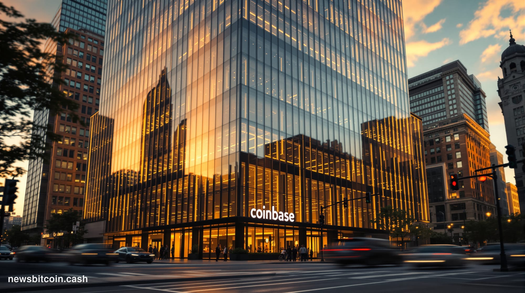 Cinematic photorealistic editorial photograph of Coinbase's distinctive modern headquarters building in San Francisco's SOMA 