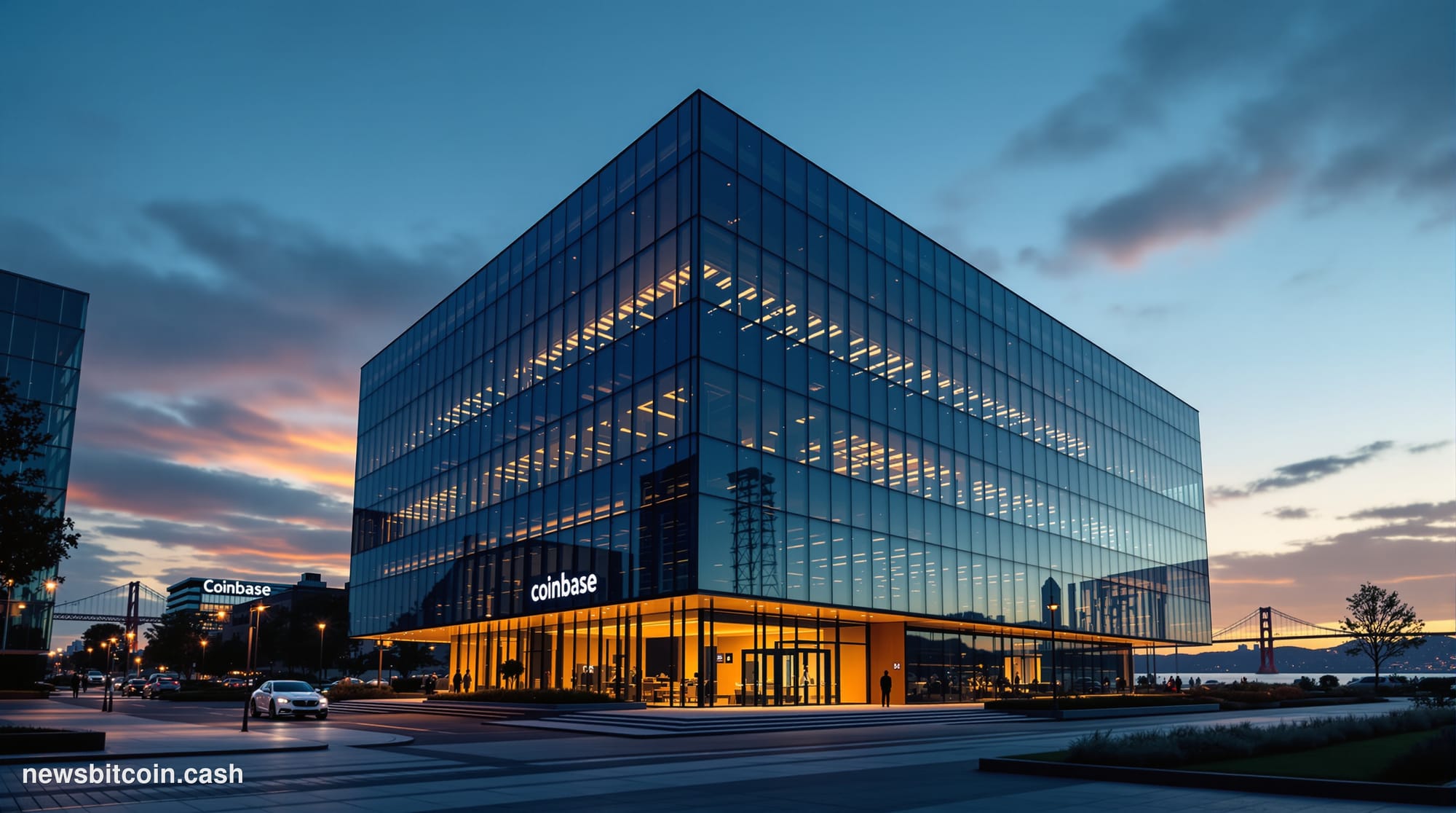 A cinematic photorealistic editorial photograph of Coinbase's distinctive glass-and-steel headquarters building in San Franci