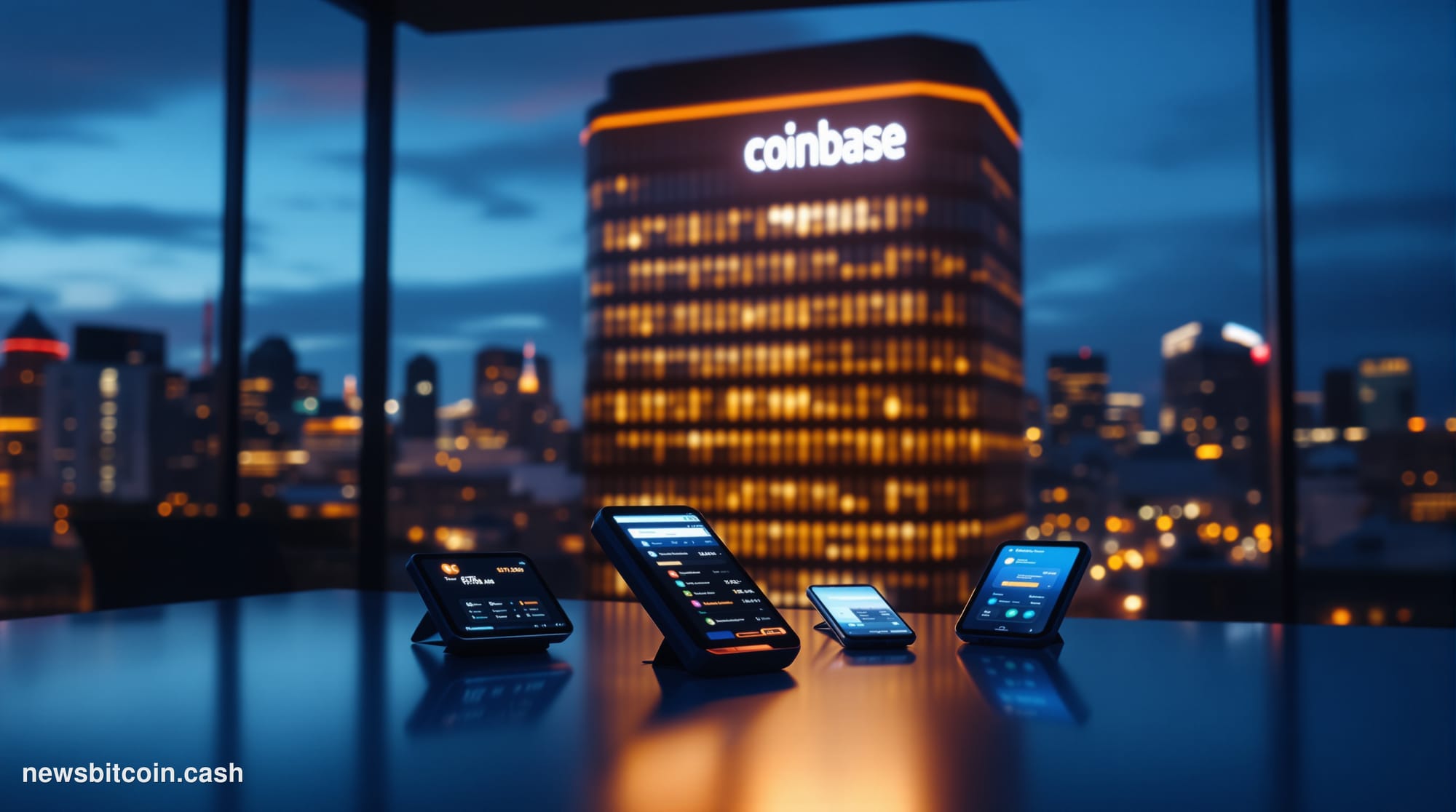 A cinematic photorealistic editorial photograph of Coinbase's San Francisco headquarters at dusk, shot from a low angle to em