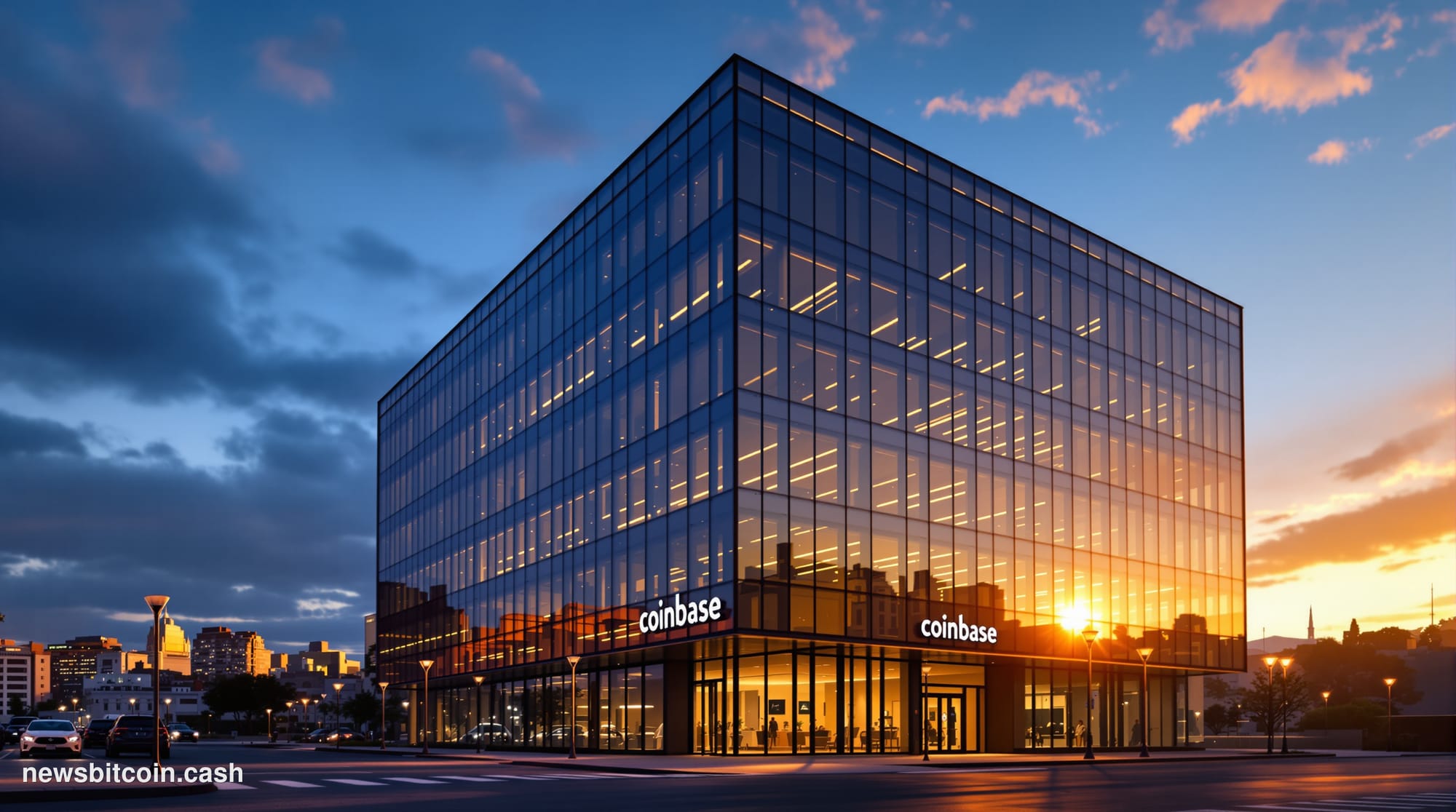 A cinematic photorealistic editorial photograph of Coinbase's distinctive glass and steel headquarters building in San Franci