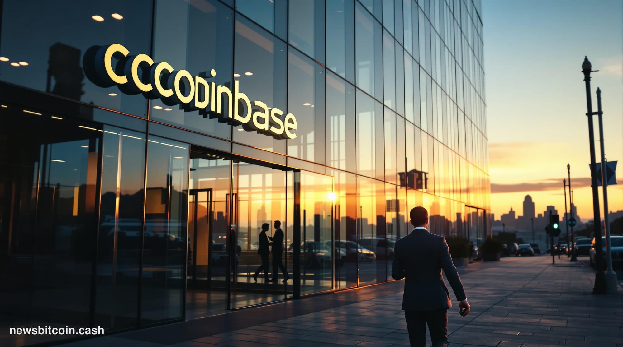 A cinematic photorealistic editorial photograph showing the exterior of Coinbase's modern San Francisco headquarters building