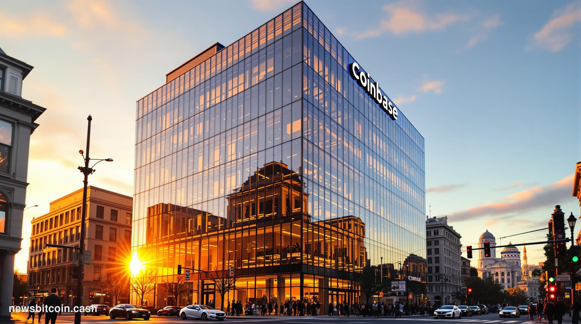 A cinematic photorealistic editorial photograph of Coinbase's San Francisco headquarters building exterior at golden hour, wi