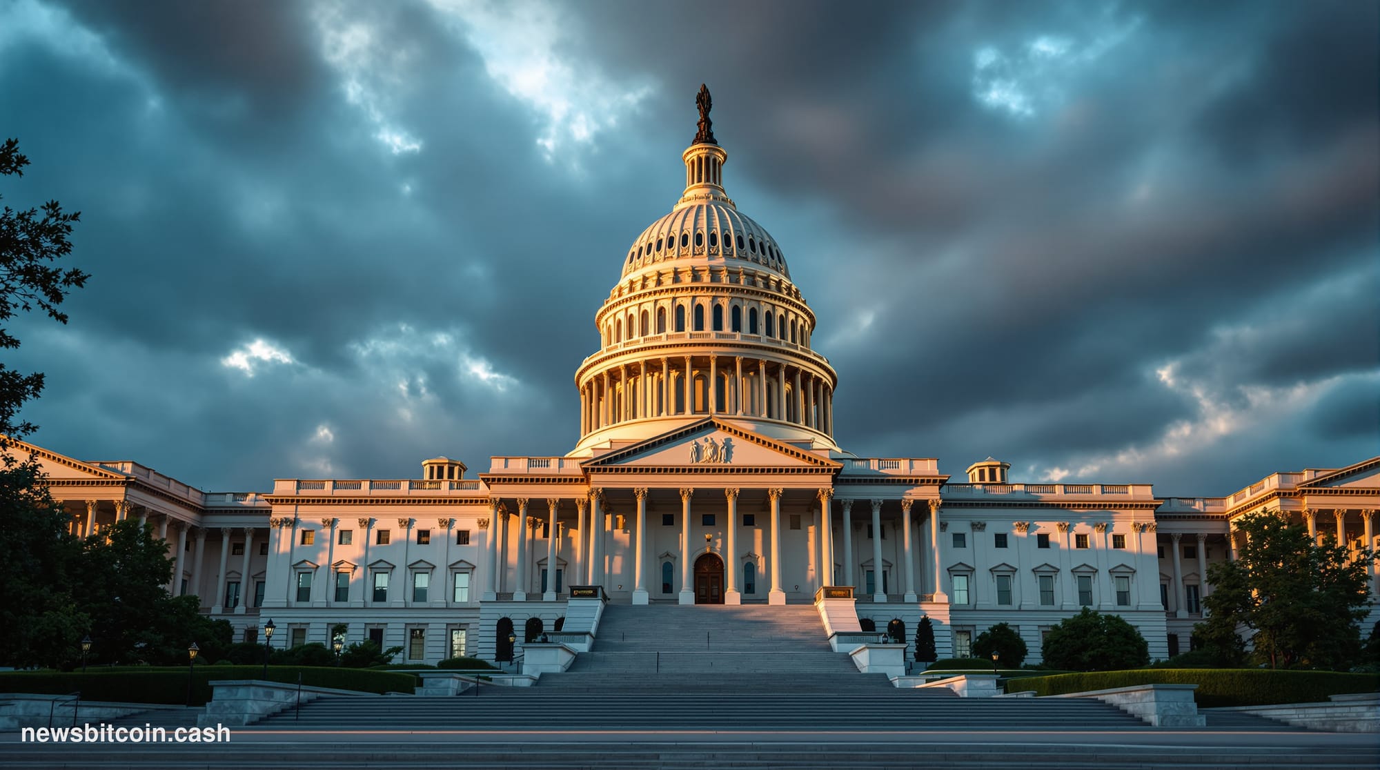 A cinematic photorealistic editorial photograph of the U.S. Capitol building's iconic dome and neoclassical architecture shot