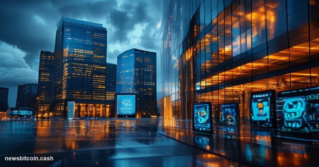 A dramatic cinematic photorealistic editorial photograph showing the stark architectural contrast between traditional banking
