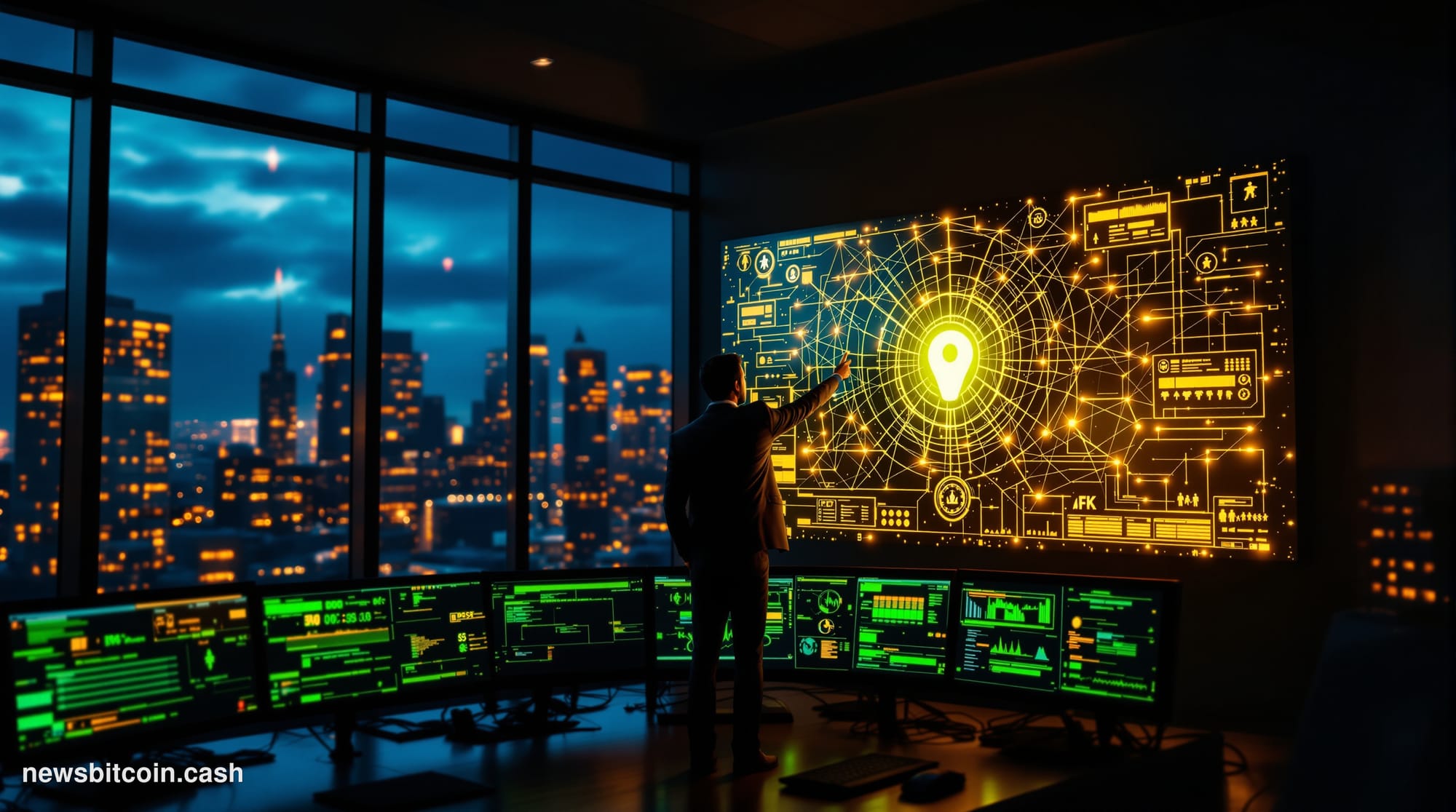 A cinematic photorealistic editorial photograph showing a dark corporate conference room where cybersecurity analysts work at