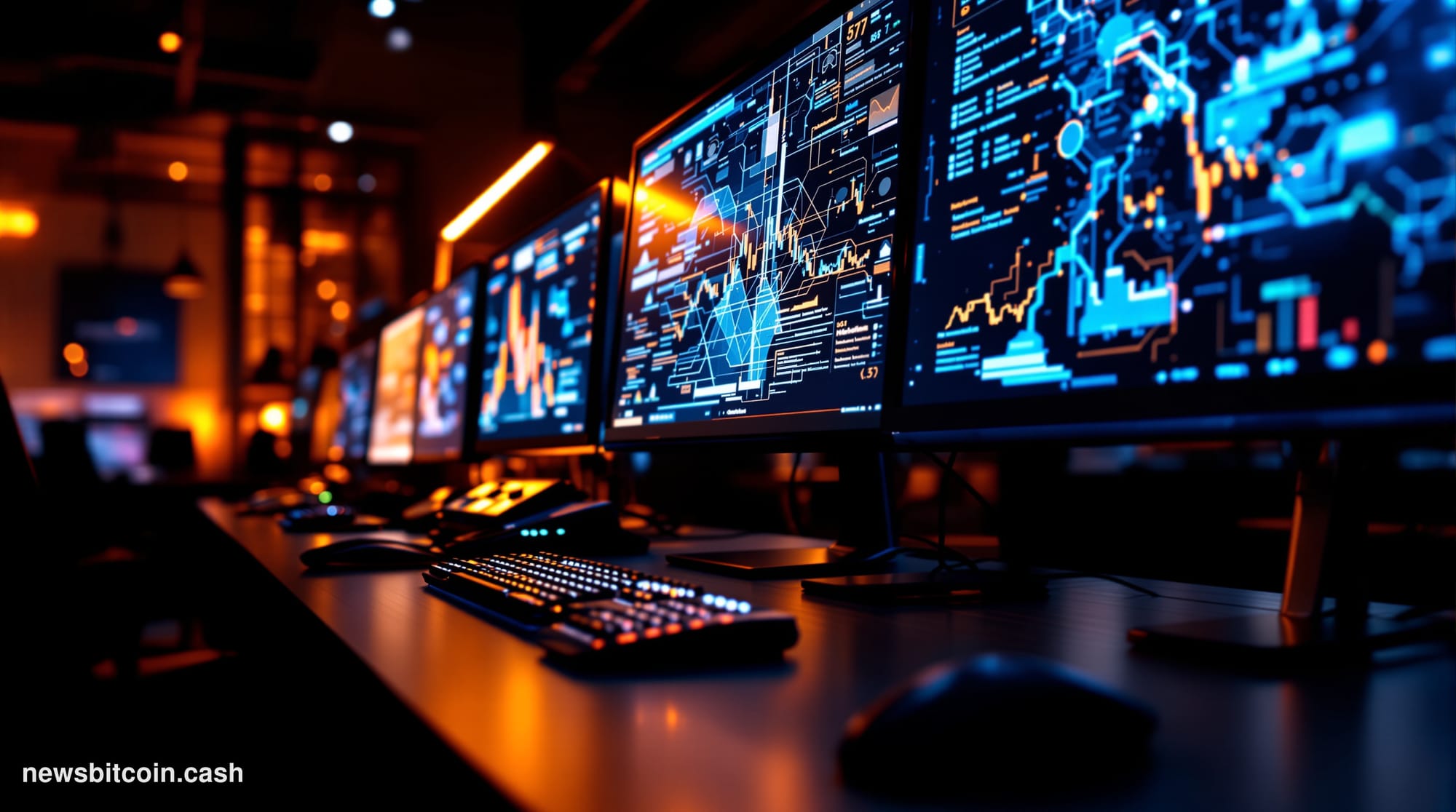 A cinematic photorealistic editorial photograph showing a modern software development office environment with multiple monito