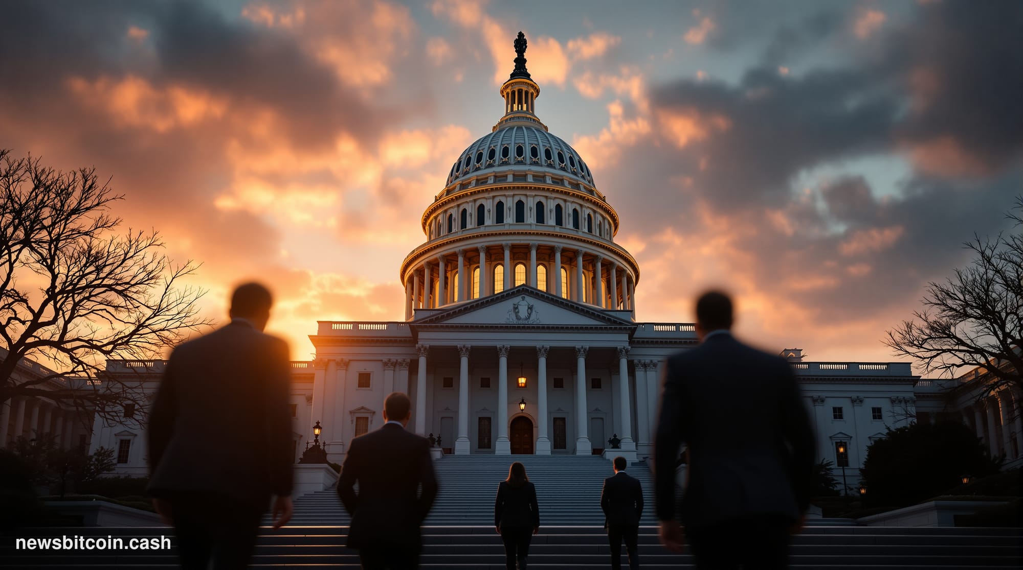 A cinematic photorealistic editorial photograph capturing the urgency of legislative advocacy in Washington D.C. The scene sh