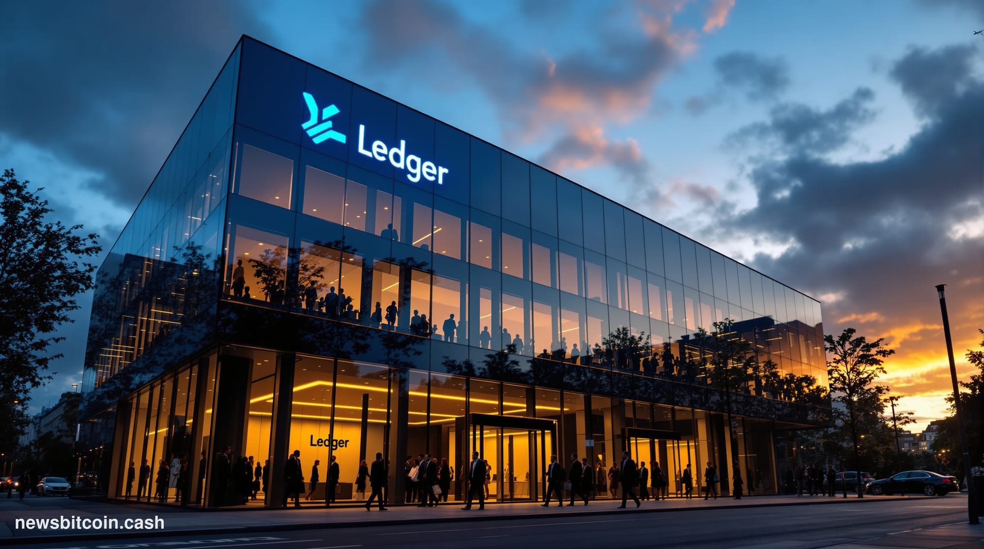 A cinematic photorealistic editorial photograph of Ledger's Paris headquarters building exterior during golden hour, with the