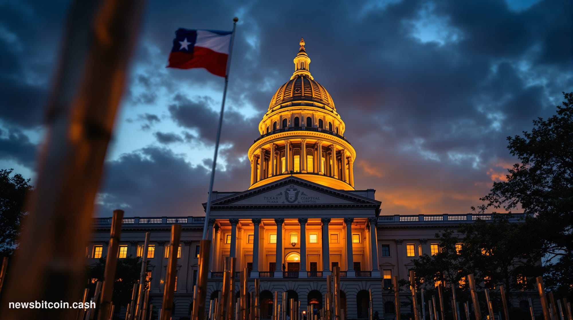 A cinematic photorealistic editorial photograph capturing the intersection of cryptocurrency and Texas politics. The scene sh