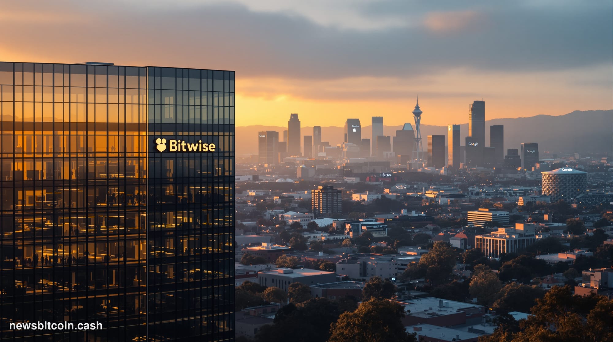 A cinematic photorealistic editorial photograph of Silicon Valley's corporate landscape during a moment of transition, shot f